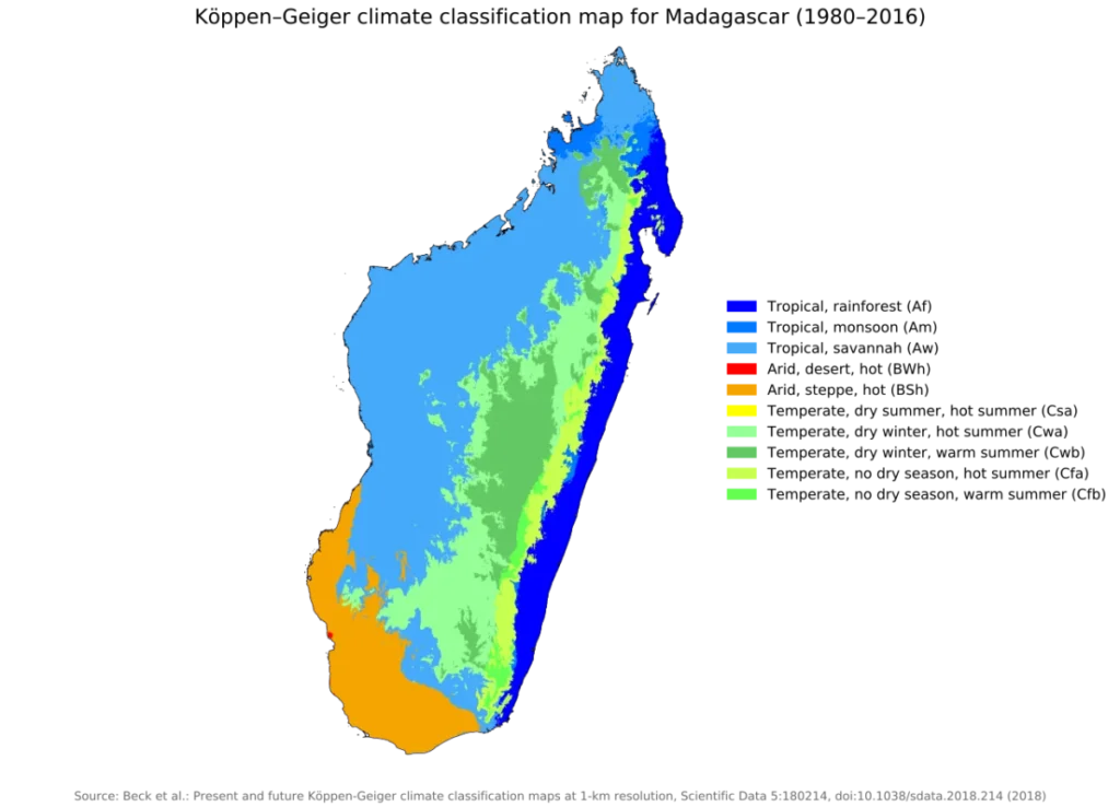 Carte climatique de Köppen de Madagascar : tropical humide à l'est, savane au centre, semi-aride au sud-ouest